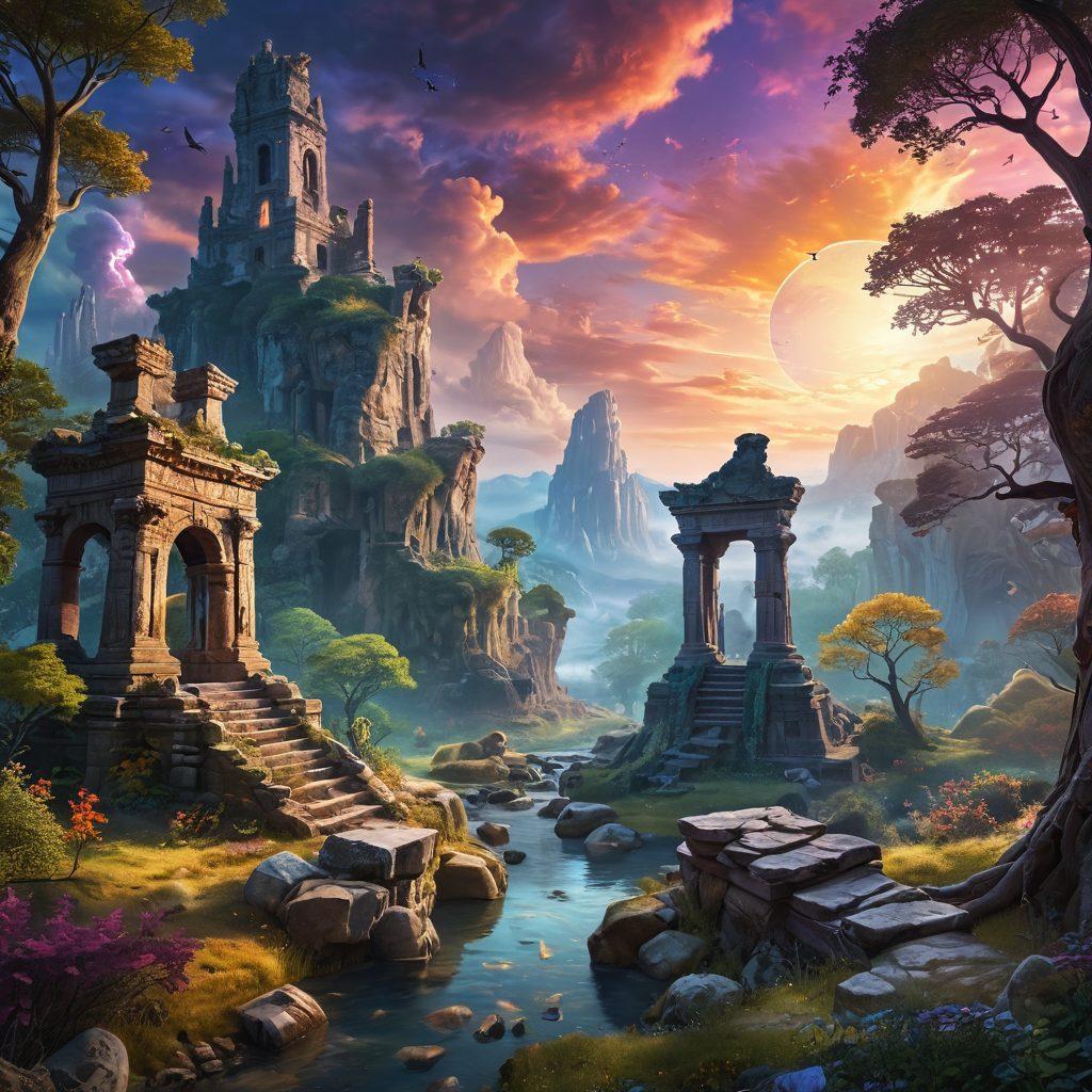 A mystical landscape featuring ancient ruins and a magical forest, with characters inspired by epic fantasy novels engaging in a profound conversation. An enchanting sky filled with swirling colors, hinting at the wonder of storytelling. Include elements of magic, like glowing artifacts and ethereal creatures, blending realism and fantasy. vibrant colors. 3D.
