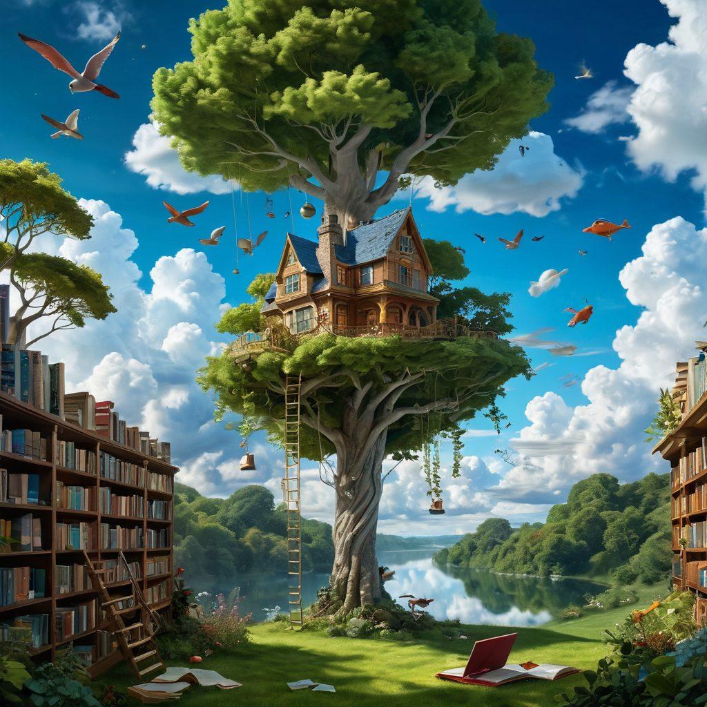 A whimsical landscape filled with surreal elements inspired by Erikson's literature, featuring a floating library made of clouds, vibrant characters engaging in storytelling, and pages of books swirling in the air like leaves. The sky should be filled with colorful, dreamy clouds reflecting imagination unbound. Lush greenery and fantastical creatures should add a sense of wonder. super-realistic. vibrant colors. magical atmosphere.